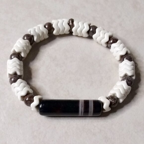 Hand Crafted Jewelry - Brown Agate + Jasper & Natural Howlite! Soft Bangle - Stretch Bracelet 6.5-7"
